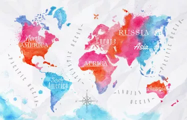Fototapeta Mapa świata akwarela różowy niebieski