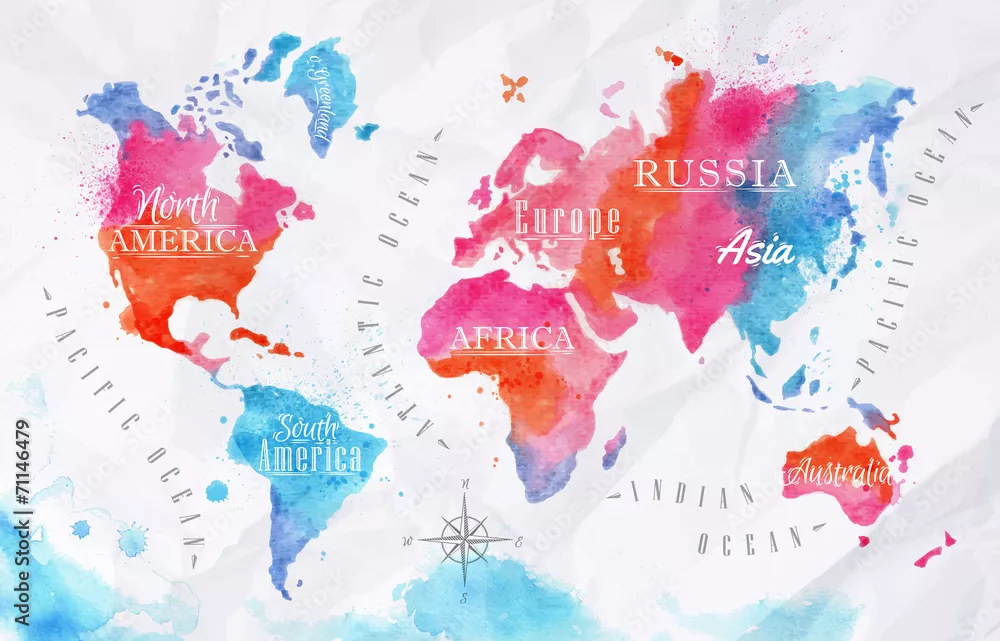 Fototapeta Mapa świata akwarela różowy niebieski
