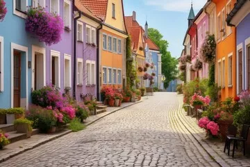 Obraz historyczna brukowana uliczka z kwitnącymi kwiatami