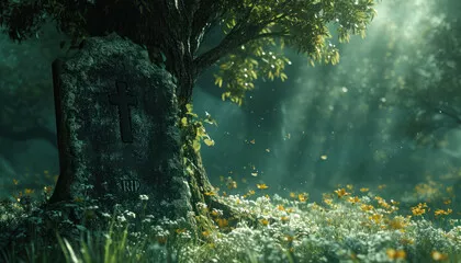 Fototapeta nagrobek obok drzewa ze słowami RIP