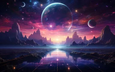 Fototapeta Neon abstrakcyjne tło kosmiczne z mgławicą i gwiazdami. Futurystyczny krajobraz fantasy. Futurystyczne przestrzeń science fiction tło, krajobraz science fiction z planetą, neonową światłem, zimną planetą. Render 3D