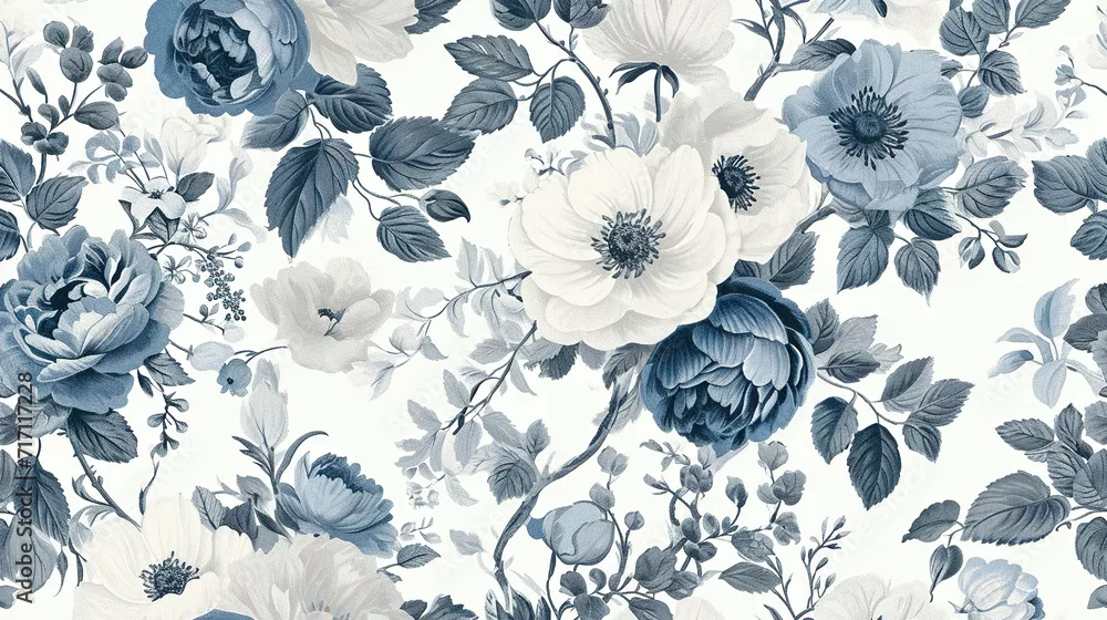 Fototapeta niebiesko-białe kwiaty Wzór Chinoiserie. Tapeta Fresco do wnętrz