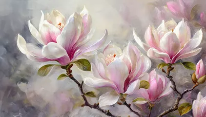 Fototapeta Piękne malarskie magnolie, wiosenne kwiaty. pastelowe tło kwiatowe