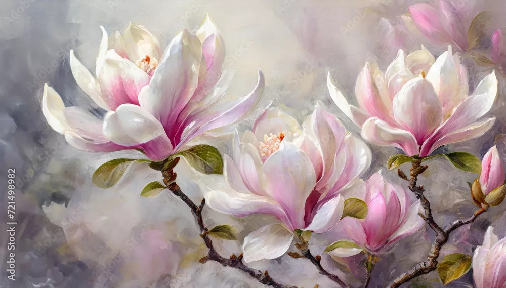 Fototapeta Piękne malarskie magnolie, wiosenne kwiaty. pastelowe tło kwiatowe