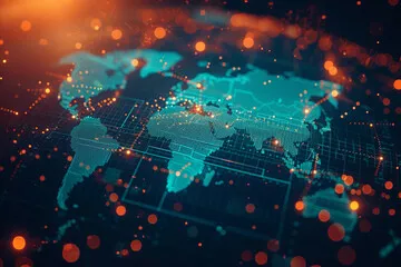 Fototapeta Koncepcja abstrakcyjnej mapy świata - globalna sieć biznesowa i połączenia, międzynarodowy transfer danych i technologia cybernetyczna.