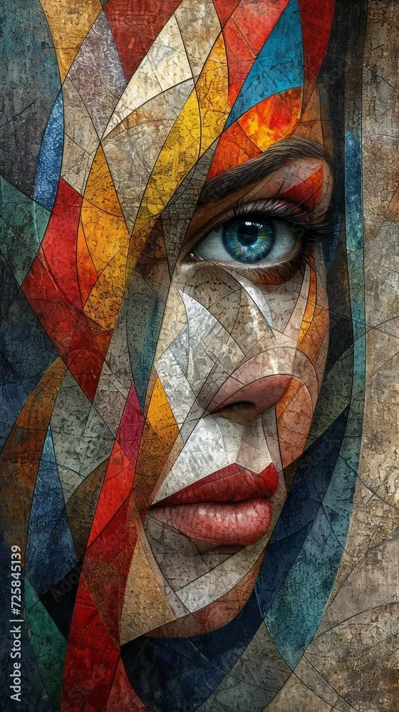 Obraz Abstrakcyjny portret kobiecej twarzy z kolorową grafiką do dekoracji. Plakat, nadruk koszulki, grafika ścienna