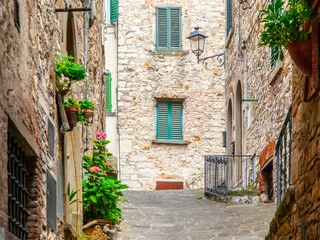 Fototapeta Old Medieval Street z kwiatami w kamiennych domach w toskańskim mieście
