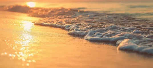 Fototapeta Tło Wanderlust z romantyczną plażą wschodnią słońca. Spokojny wakacje morskie.