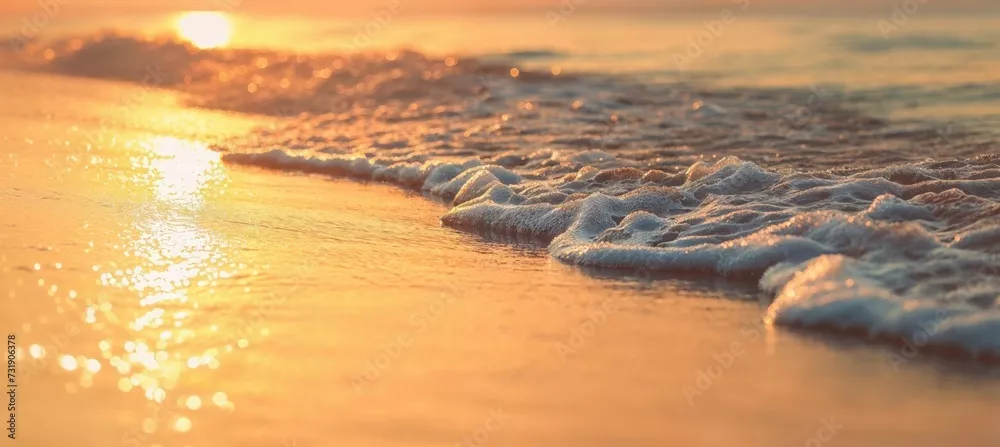 Fototapeta Tło Wanderlust z romantyczną plażą wschodnią słońca. Spokojny wakacje morskie.