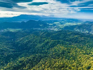Obraz panoramiczny widok na górską krainę – warstwowe wzgórza i soczyście zielone lasy