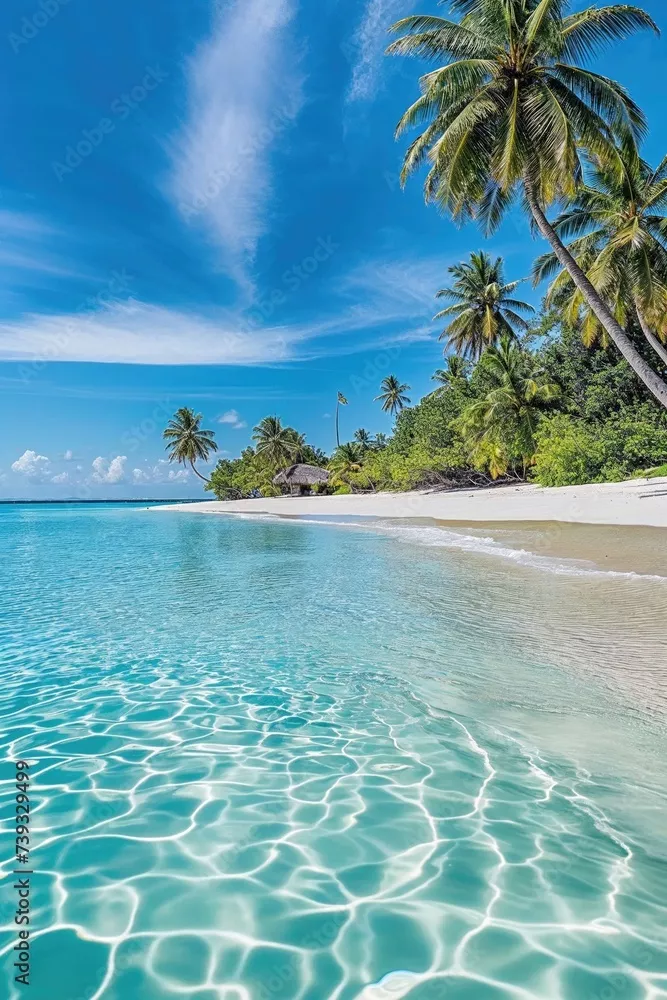 Fototapeta Scena luksusowego wypadu. Baner romantyczny ze wspaniałą słoneczną plażą.
