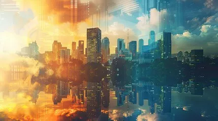 Obraz miasto w blasku słońca i świetle miejskich reflektorów