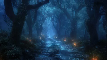 Fototapeta tajemniczy niebiesko oświetlony las nocą – magiczny i mistyczny klimat