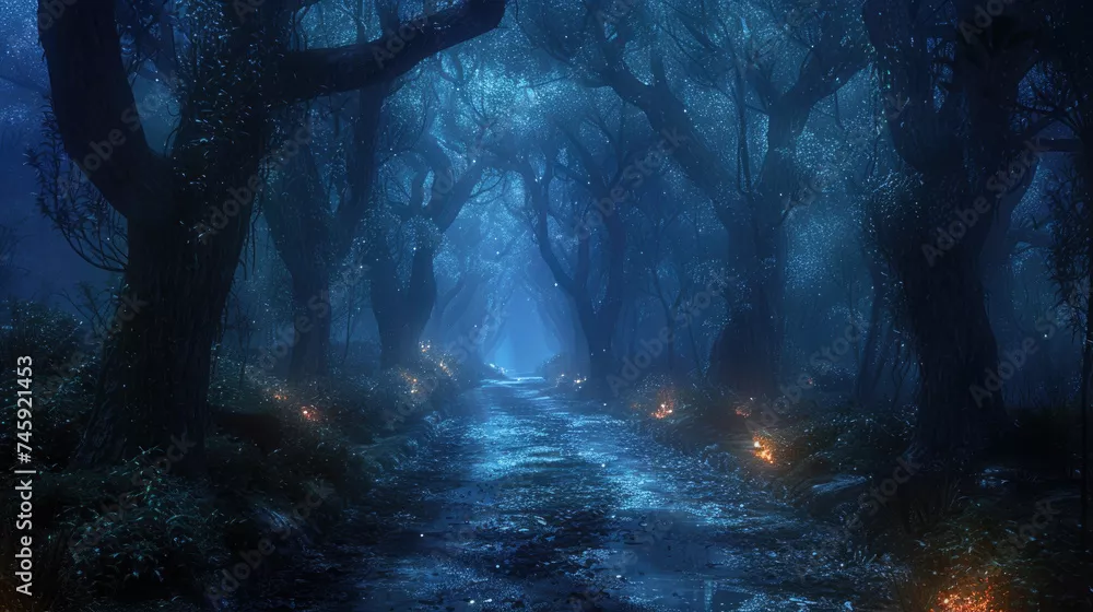 Fototapeta tajemniczy niebiesko oświetlony las nocą – magiczny i mistyczny klimat