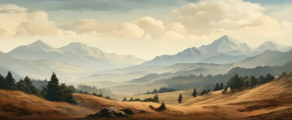 Fototapeta Śnieżne góry w mglistych chmurach. Mglisty krajobraz z lasem jodłowym z wysokimi wzgórzami i tajemniczą atmosferą