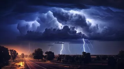 Fototapeta Spektakularna burza z jasnymi błyskami i ulewnym deszczem w nocnej scenie miejskiej