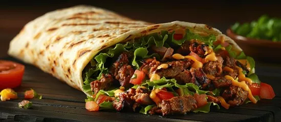 Fototapeta Przepyszne burrito wypełnione soczystym mięsem, chrupiącą sałatą i świeżymi pomidorami, gotowe do spożycia.