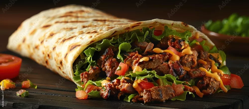 Fototapeta Przepyszne burrito wypełnione soczystym mięsem, chrupiącą sałatą i świeżymi pomidorami, gotowe do spożycia.