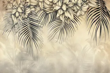 Fototapeta Vintage botaniczna ilustracja liści tropikalnych, tapeta w stylu boho