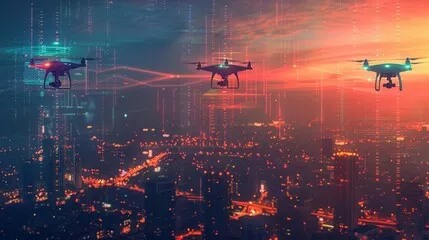 Fototapeta Flota dostawcza dronów unosząca się nad inteligentnym krajobrazem miasta