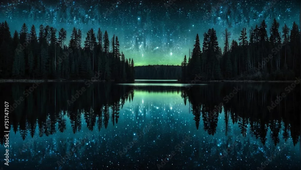 Fototapeta Woda refleksyjna dla przyrody krajobrazowej z gwiaździstą nocą, ciemna natura surrealizmu