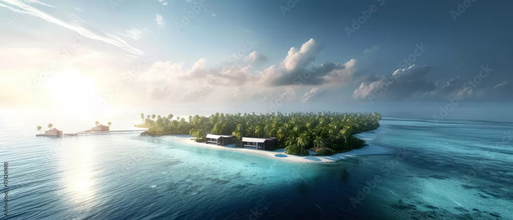 Fototapeta Widok z lotu ptaka na tropikalny raj. Luksusowy widok na panoramę kurortu Malediwy na tle pejzażu morskiego. Bungalow, wille na pięknej egzotycznej plaży nad oceanem. Miesiąc miodowy. Generatywna sztuczna inteligencja