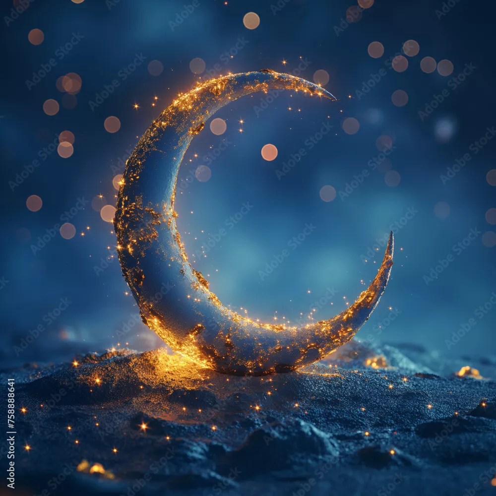 Fototapeta Błyszczący niebieski i złoty półksiężyc na niebieskim tle z okazji festiwalu społeczności muzułmańskiej Eid-Al-Fitr, technologia AI