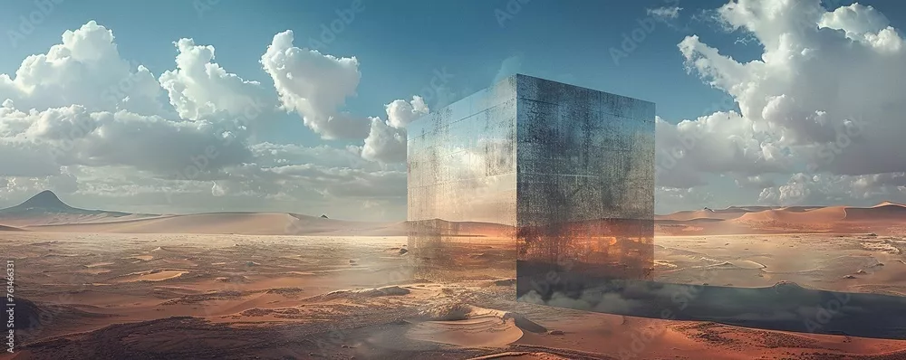 Fototapeta Surrealistyczny krajobraz z metalowym sześcianem na pustyni