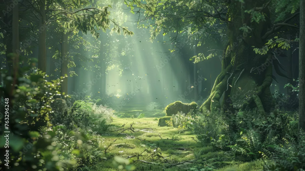 Obraz piękny zaczarowany las – tajemnicza i mistyczna atmosfera porannego słońca