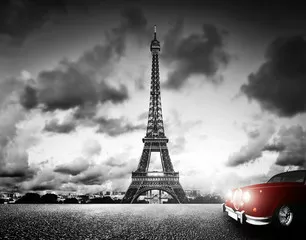 Fototapeta Effel Tower, Paris, France i Retro Red Car. Czarny i biały