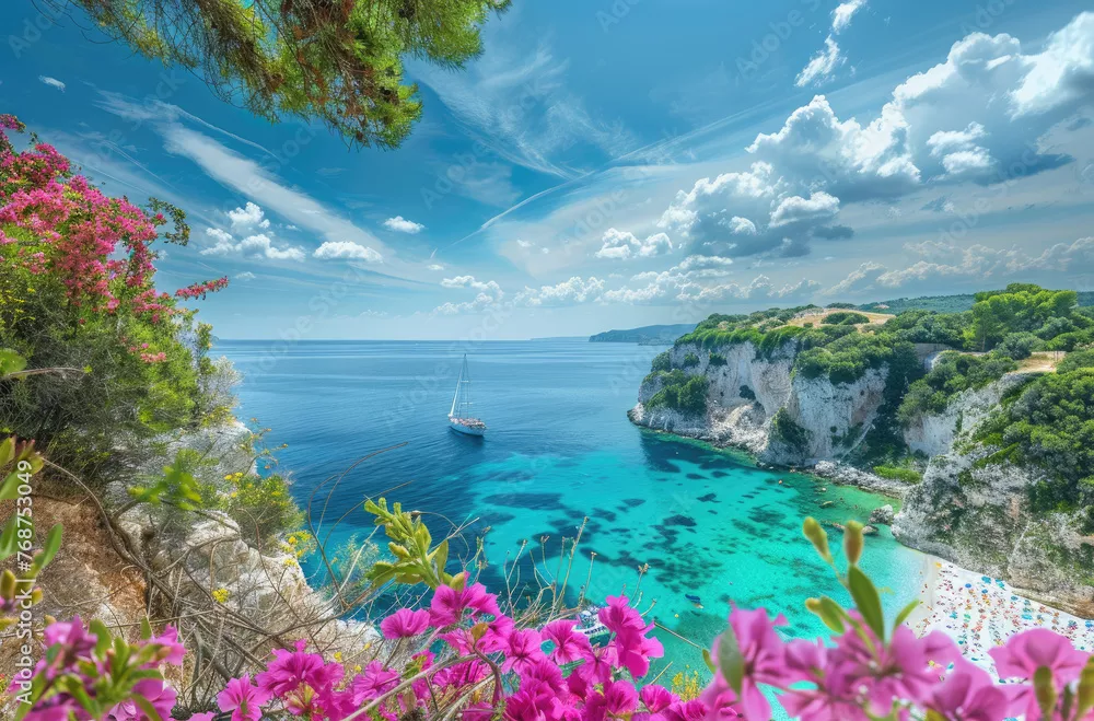 Fototapeta Wspaniały widok na wyspę Zante z błękitną laguną i białą plażą w Cape, różowe kwiaty na klifach, rejs luksusowym statkiem na odległe wyspy