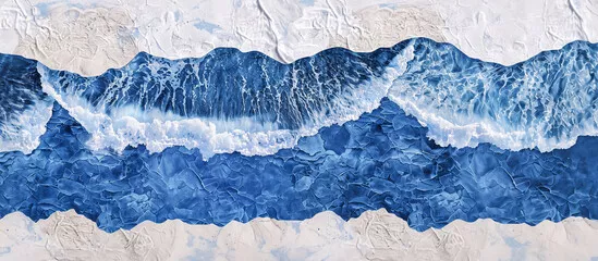 Fototapeta Niebieski ze srebrnym kreatywnym abstrakcyjnym banerem w tle oceanu dla tekstu miejsca na kopię. Poziome fale z białą marmurową pianką morską i piaszczystą plażą. Płynna panorama wodna Kolaż papierowy Vita