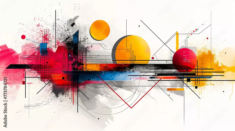 Fototapeta Wielokolorowe kształty geometryczne, akwarela abstrakcyjne białe tło w graficznym stylu grunge