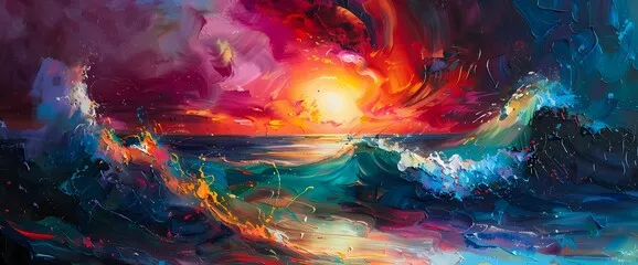 Obraz zachód słońca nad wzburzonym oceanem