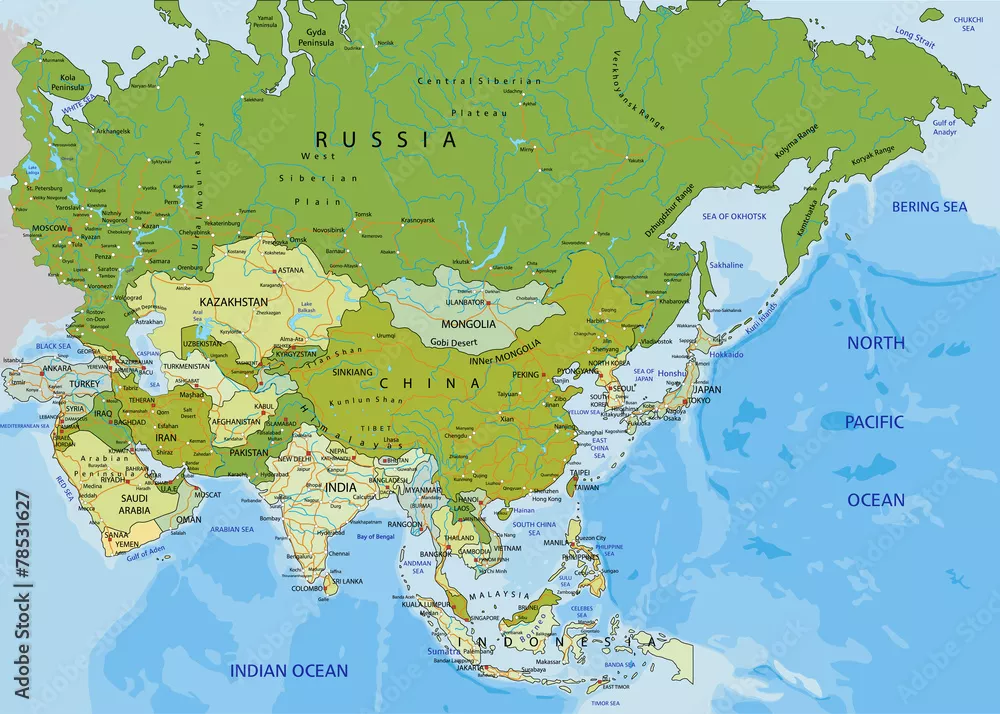 Fototapeta Bardzo szczegółowa, edytowalna mapa polityczna. Azja.