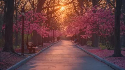 Fototapeta Ścieżka przez park z różowymi kwitnącymi kwitnącymi drzewami ze światłem zachodu słońca. Przytulność i spokój