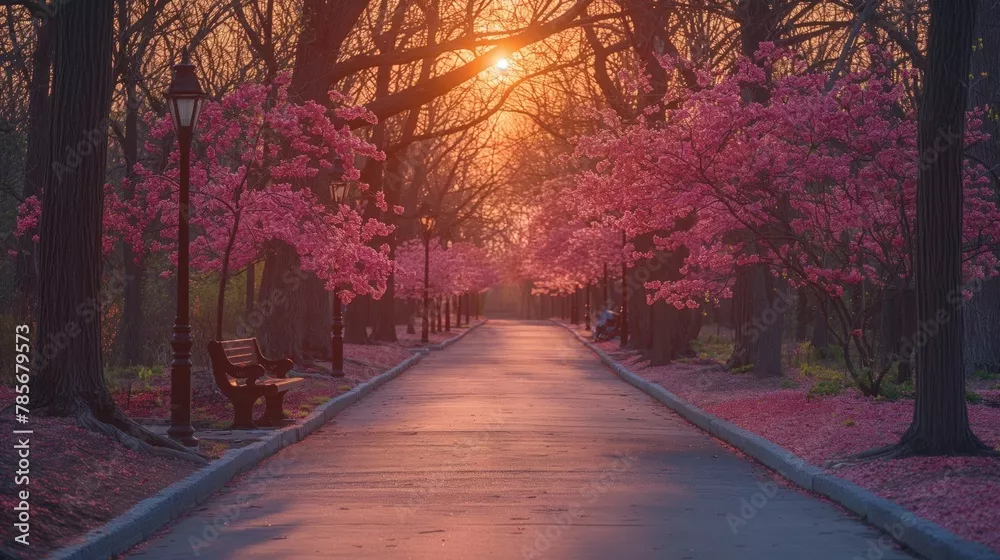 Fototapeta Ścieżka przez park z różowymi kwitnącymi kwitnącymi drzewami ze światłem zachodu słońca. Przytulność i spokój
