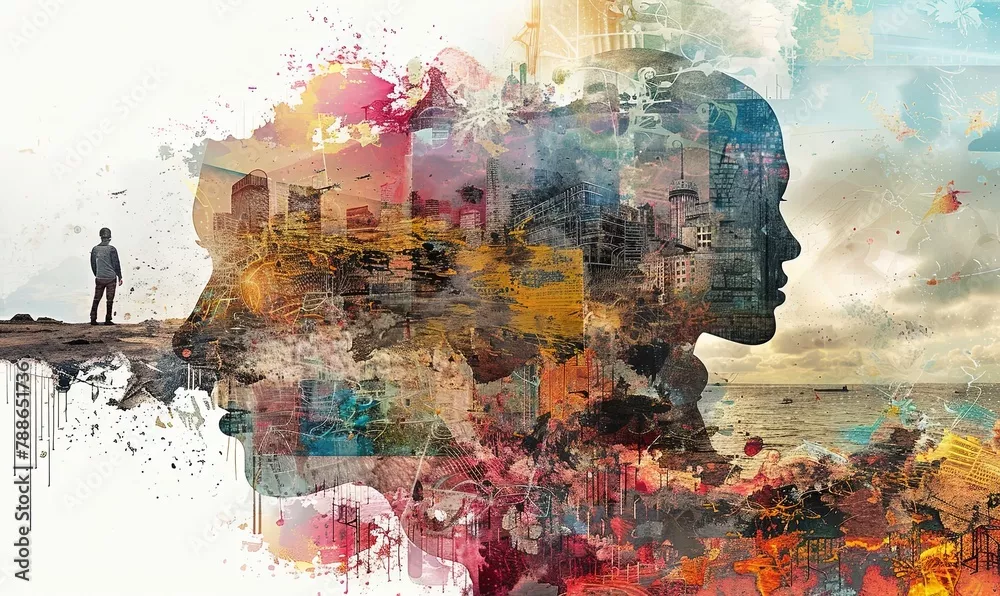Obraz na płótnie podwójna ekspozycja – portret kobiety i miasta w surrealistycznej abstrakcji