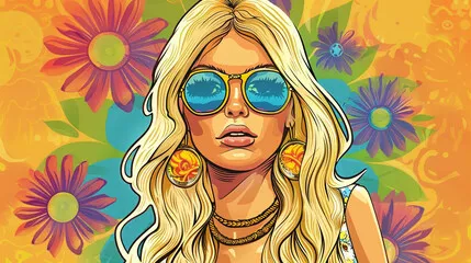 Obraz psychodeliczna hipisowska dziewczyna pop-artu, jasna ilustracja retro