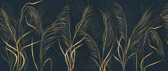 Fototapeta Luksusowe ciemnoniebieskie tło artystyczne z liśćmi i trawą w złotym kolorze. Botaniczny ręcznie rysowany baner wektorowy do projektowania druku, tekstyliów, dekoracji, opakowań, tapet.
