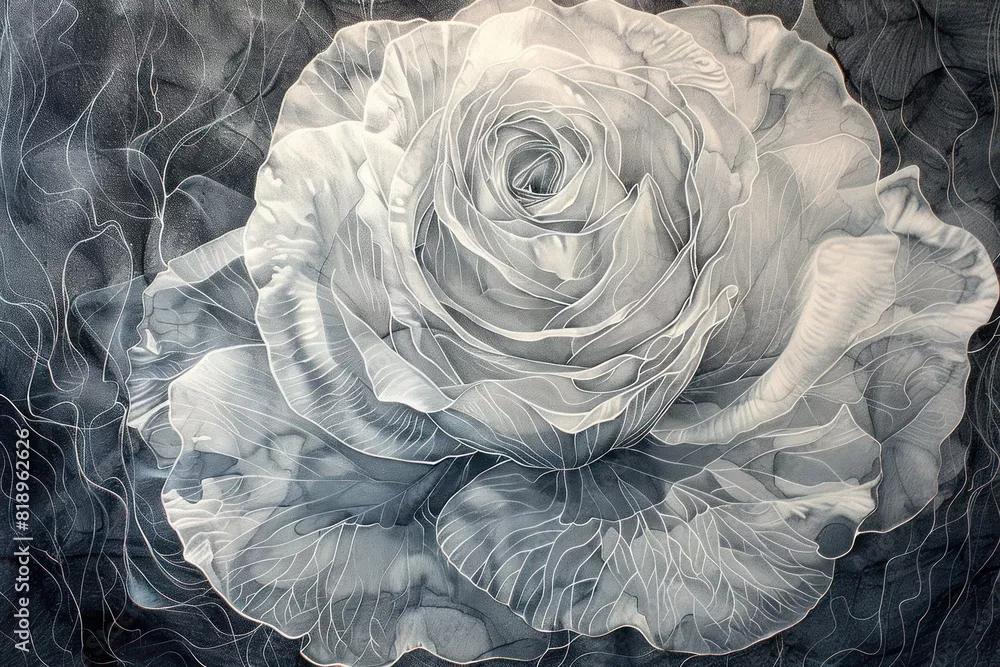 Obraz detalistyczna biała róża na ciemnym tle – elegancja w monochromie