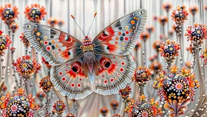 Obraz Surrealistyczna artystyczna ilustracja dużego wzorzystego motyla z ozdobnymi skrzydłami otoczonego abstrakcyjnymi kolorowymi kwiatami fantasy w marzycielskiej scenie natury.