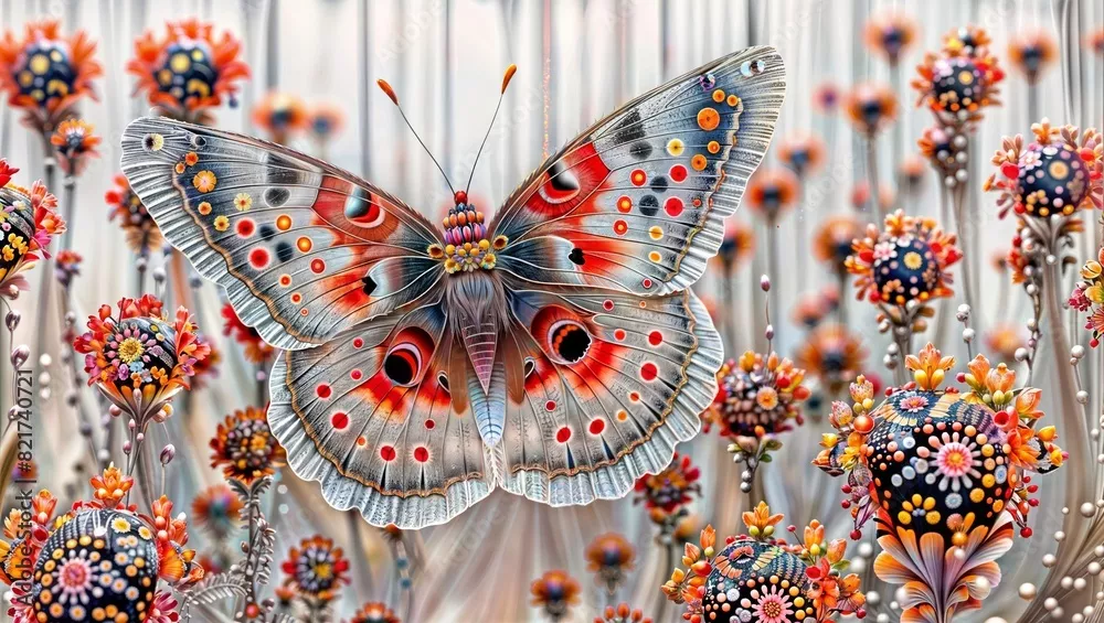 Obraz Surrealistyczna artystyczna ilustracja dużego wzorzystego motyla z ozdobnymi skrzydłami otoczonego abstrakcyjnymi kolorowymi kwiatami fantasy w marzycielskiej scenie natury.
