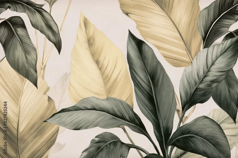 Fototapeta Vintage botaniczna ilustracja liści tropikalnych, tapeta w stylu boho