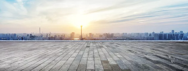 Fototapeta Panoramiczna panorama i budynki z pustą drewnianą deską