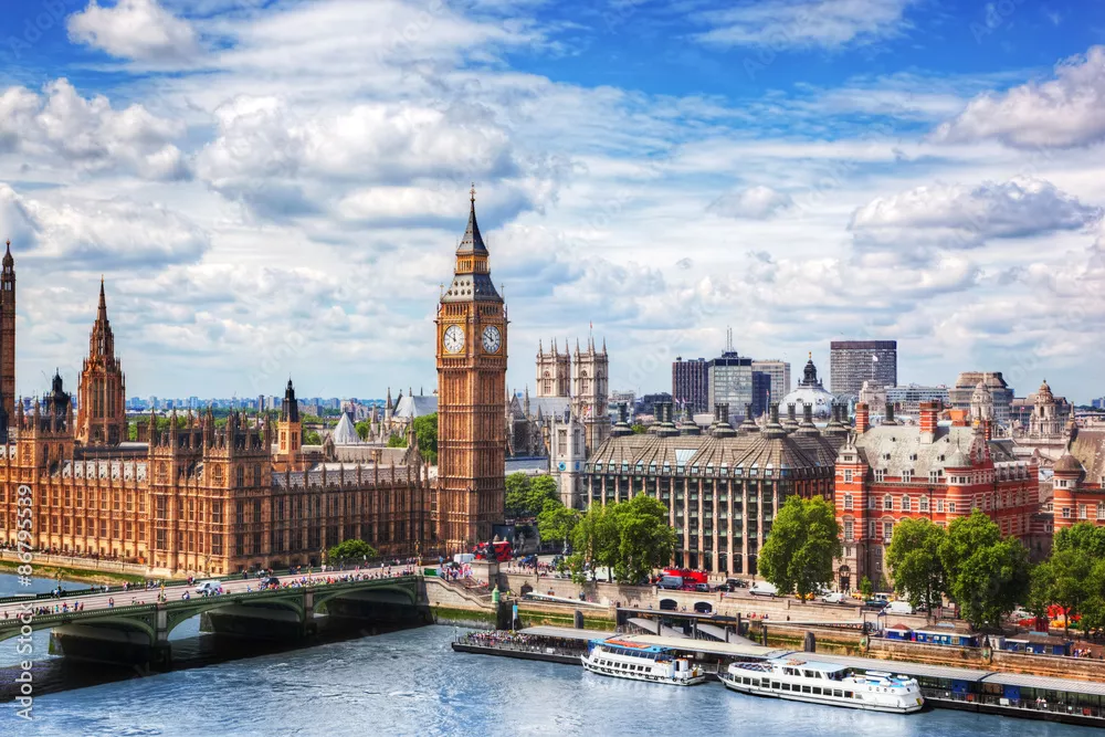 Fototapeta Big Ben, Westminster Bridge na Tamizie w Londynie, Wielka Brytania. Słoneczny dzień