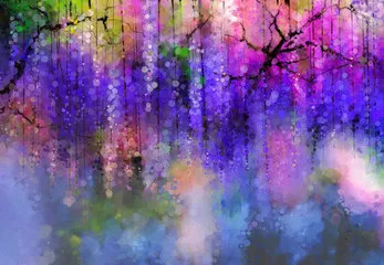 Fototapeta Streszczenie fioletowe kwiaty. Malarstwo akwarelowe. Wiosenne fioletowe kwiaty Wisteria w kwiecie z tłem bokeh