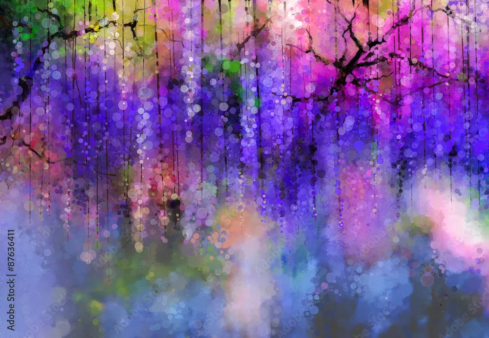 Fototapeta Streszczenie fioletowe kwiaty. Malarstwo akwarelowe. Wiosenne fioletowe kwiaty Wisteria w kwiecie z tłem bokeh