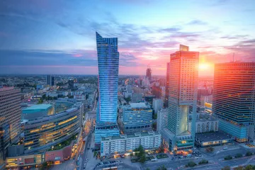 Fototapeta Panorama Warszawy o zachodzie słońca