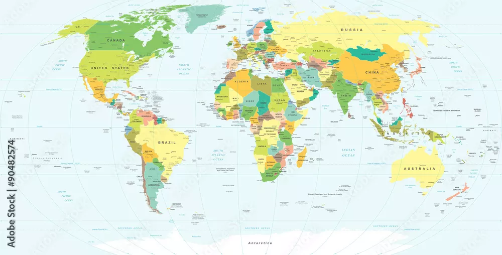 Fototapeta Mapa świata - bardzo szczegółowa ilustracja wektorowa.